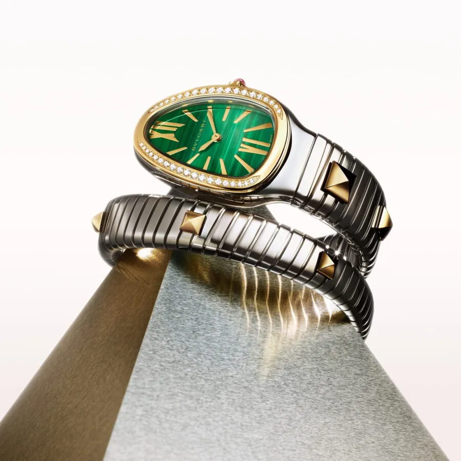 BVLGARI Serpenti Tubogas watch with green malachite dial in gold and steel