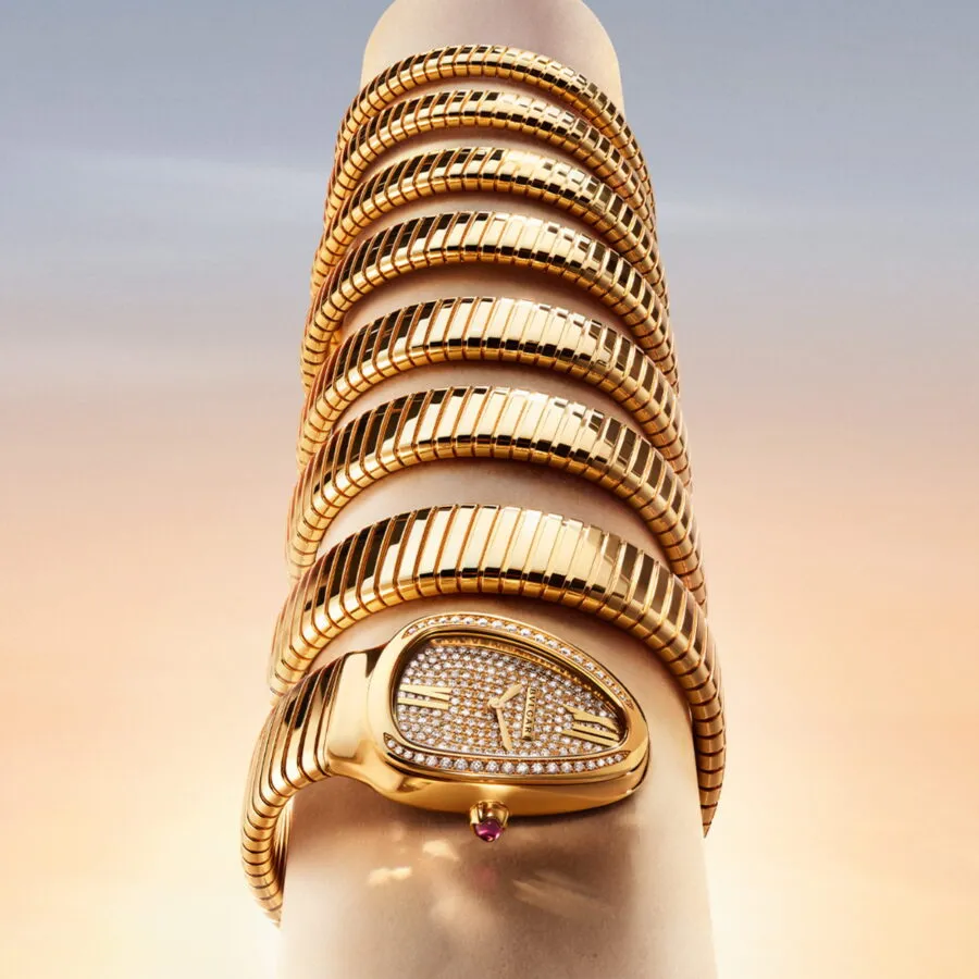 BVLGARI Serpenti Aeterna gold Tubogas spiral bracelet watch with diamonds
