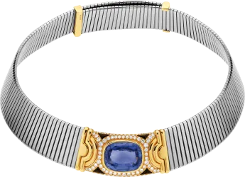 BVLGARI Heritage - Tubogas choker necklace in steel and gold with sapphire